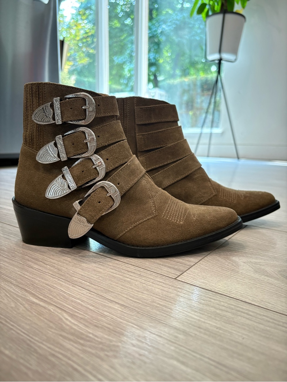 TOGA Pulla Brown Suede Western Buckle Ankle Boots